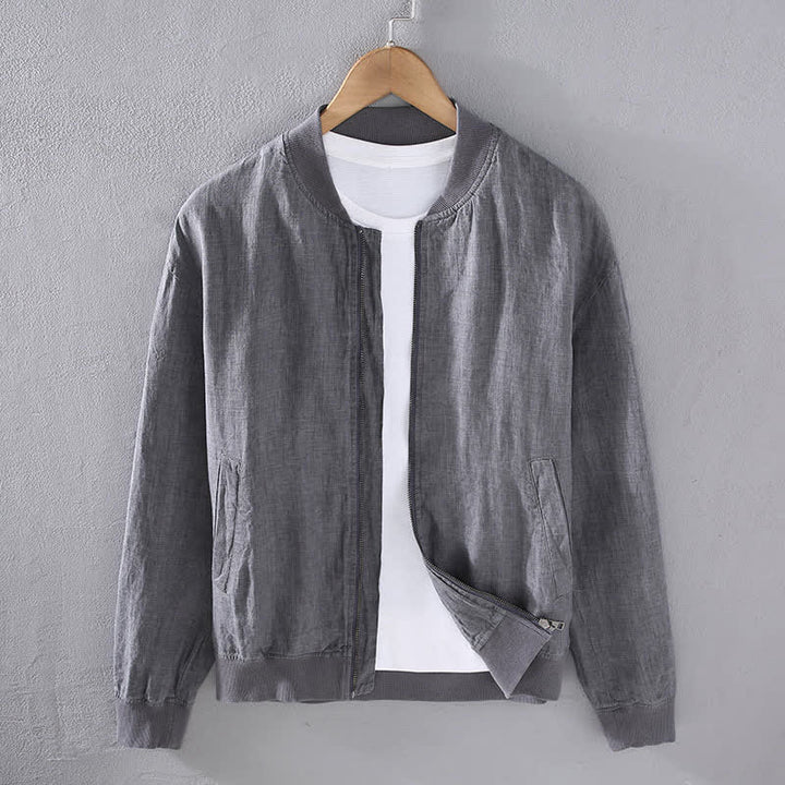 Buddha Stones Chaqueta de lino para hombre, estilo casual minimalista, con cremallera y bolsillos, ideal para primavera. - Gris - US/UK/AU42, EU52 (3XL) - image 1