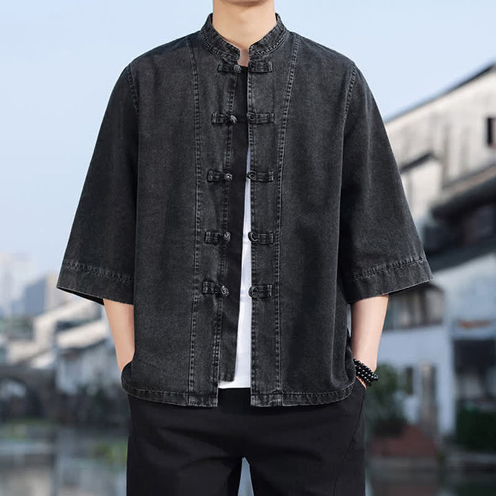 Buddha Stones Chaqueta de hombre de algodón liso con botones de rana, estilo vintage de primavera y manga hasta el codo. - image 2