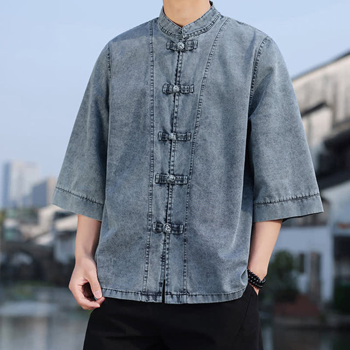 Buddha Stones Chaqueta de hombre de algodón liso con botones de rana, estilo vintage de primavera y manga hasta el codo. - image 15