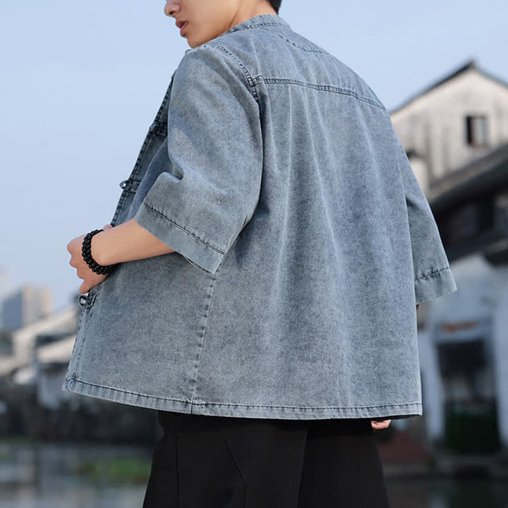 Buddha Stones Chaqueta de hombre de algodón liso con botones de rana, estilo vintage de primavera y manga hasta el codo. - image 17