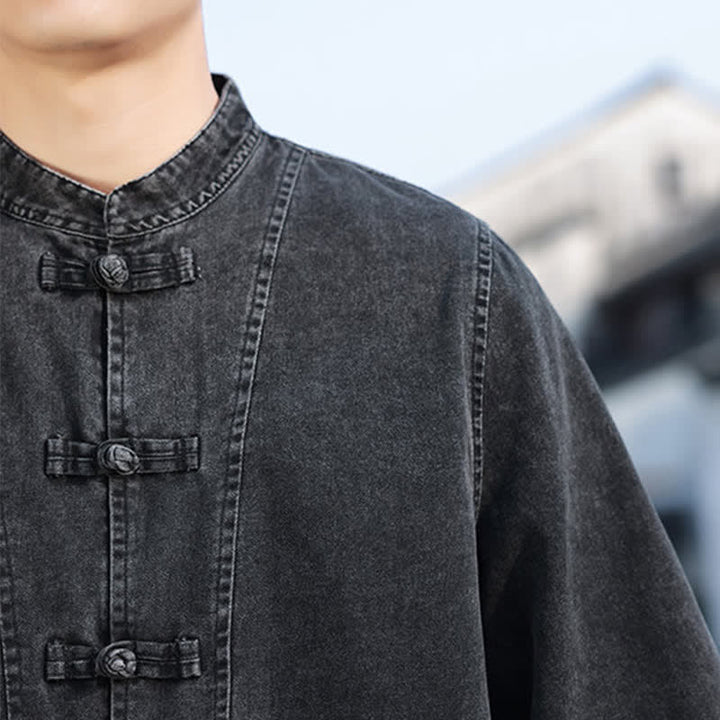 Buddha Stones Chaqueta de hombre de algodón liso con botones de rana, estilo vintage de primavera y manga hasta el codo. - image 10
