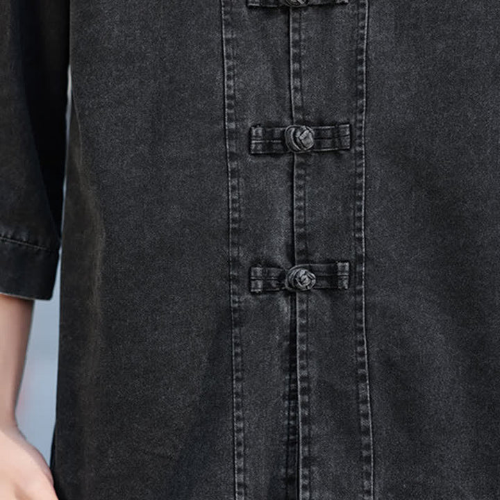 Buddha Stones Chaqueta de hombre de algodón liso con botones de rana, estilo vintage de primavera y manga hasta el codo. - image 11