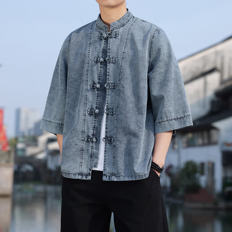 Buddha Stones Chaqueta de hombre de algodón liso con botones de rana, estilo vintage de primavera y manga hasta el codo. - image 21