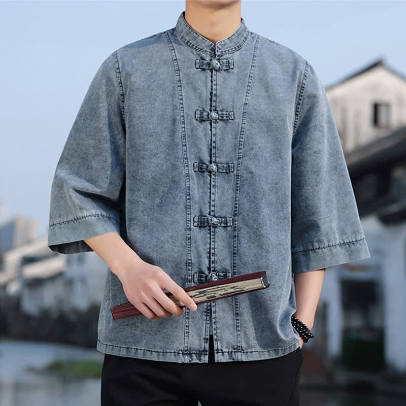 Buddha Stones Chaqueta de hombre de algodón liso con botones de rana, estilo vintage de primavera y manga hasta el codo. - image 22