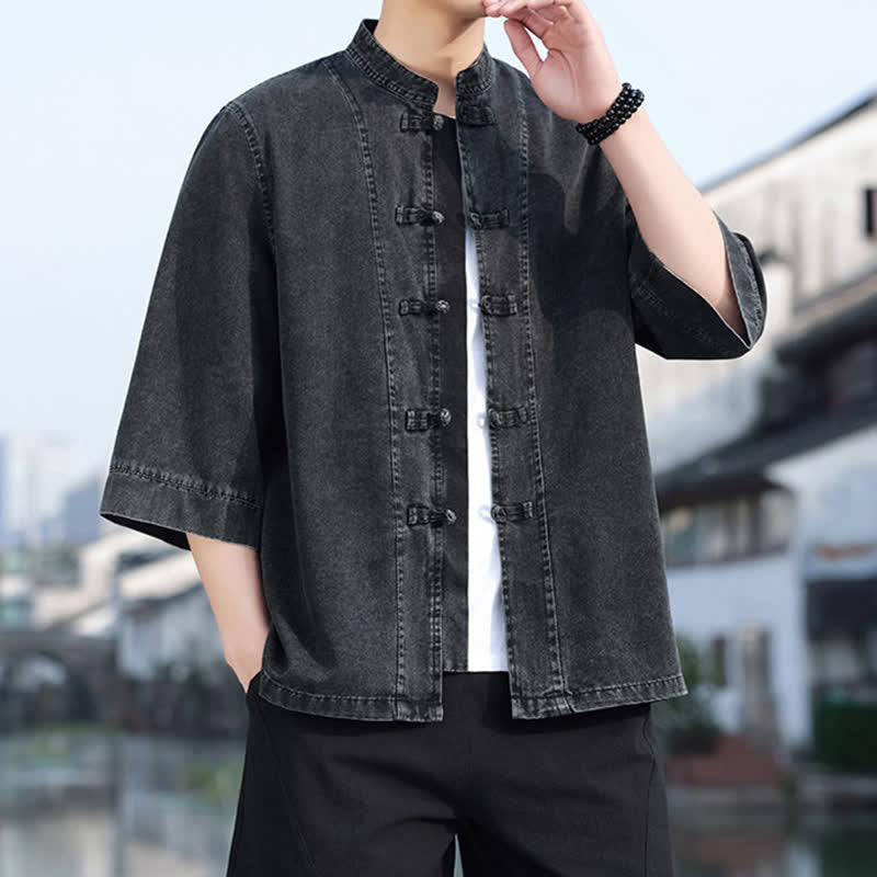 Buddha Stones Chaqueta de hombre de algodón liso con botones de rana, estilo vintage de primavera y manga hasta el codo. - Negro - US/UK/AU46, EU56 (5XL) - image 0