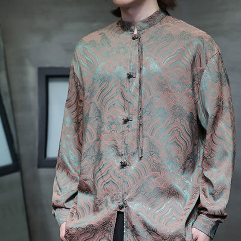 Buddha Stones Camisas de manga larga para hombre estilo Tang vintage de otoño con cuello mandarín y estampado abstracto de ondas. - image 11
