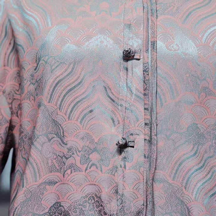 Buddha Stones Camisas de manga larga para hombre estilo Tang vintage de otoño con cuello mandarín y estampado abstracto de ondas. - image 13