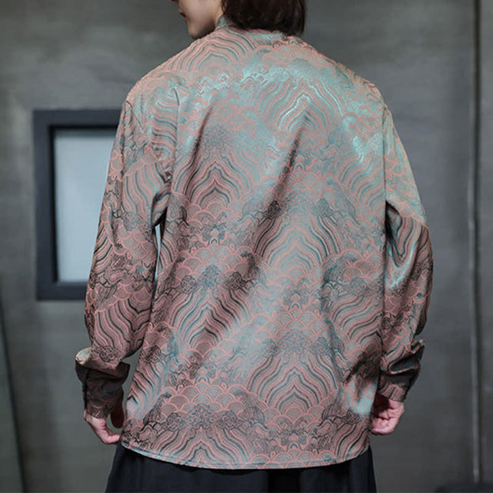 Buddha Stones Camisas de manga larga para hombre estilo Tang vintage de otoño con cuello mandarín y estampado abstracto de ondas. - image 4