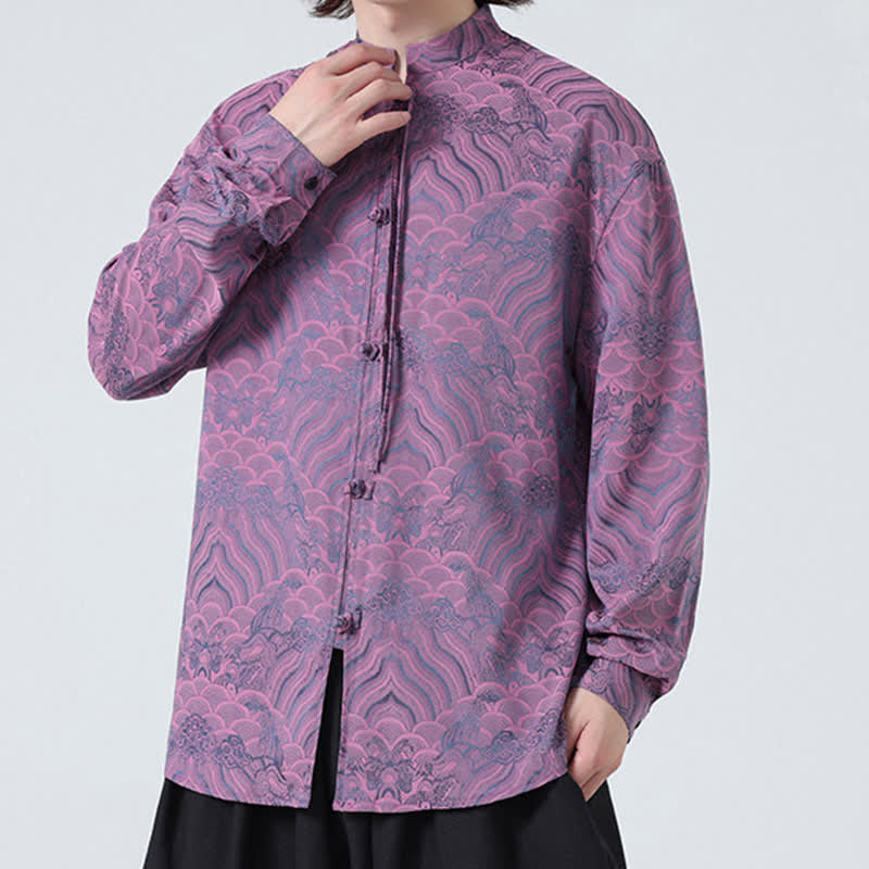 Buddha Stones Camisas de manga larga para hombre estilo Tang vintage de otoño con cuello mandarín y estampado abstracto de ondas. - image 20