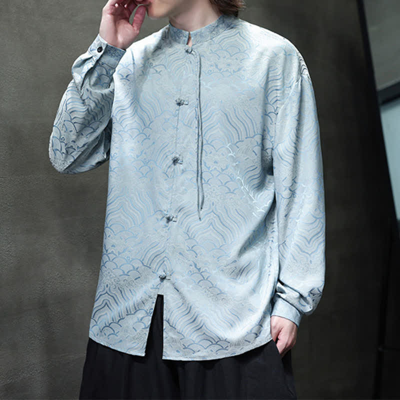 Buddha Stones Camisas de manga larga para hombre estilo Tang vintage de otoño con cuello mandarín y estampado abstracto de ondas. - image 29