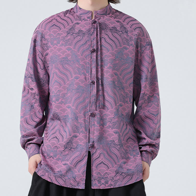 Buddha Stones Camisas de manga larga para hombre estilo Tang vintage de otoño con cuello mandarín y estampado abstracto de ondas. - image 22
