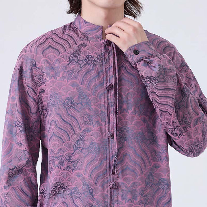 Buddha Stones Camisas de manga larga para hombre estilo Tang vintage de otoño con cuello mandarín y estampado abstracto de ondas. - image 25