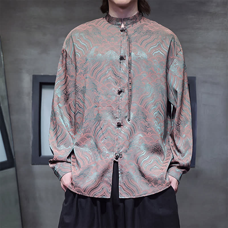 Buddha Stones Camisas de manga larga para hombre estilo Tang vintage de otoño con cuello mandarín y estampado abstracto de ondas. - Verde oliva oscuro - US/UK/AU46, EU56 (5XL) - image 0