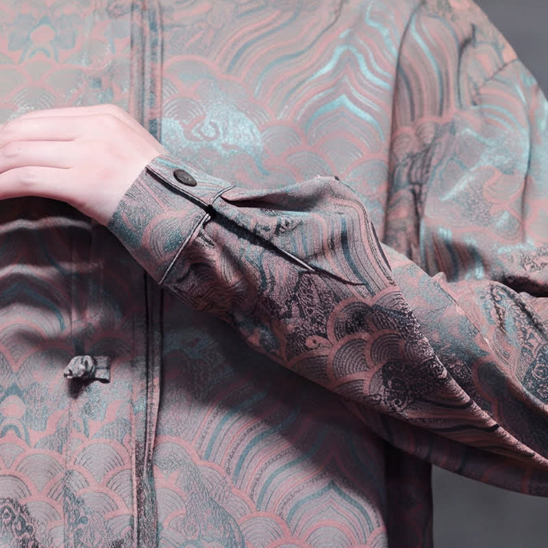 Buddha Stones Camisas de manga larga para hombre estilo Tang vintage de otoño con cuello mandarín y estampado abstracto de ondas. - image 14