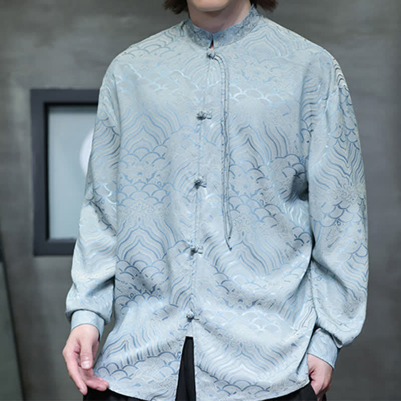 Buddha Stones Camisas de manga larga para hombre estilo Tang vintage de otoño con cuello mandarín y estampado abstracto de ondas. - image 35