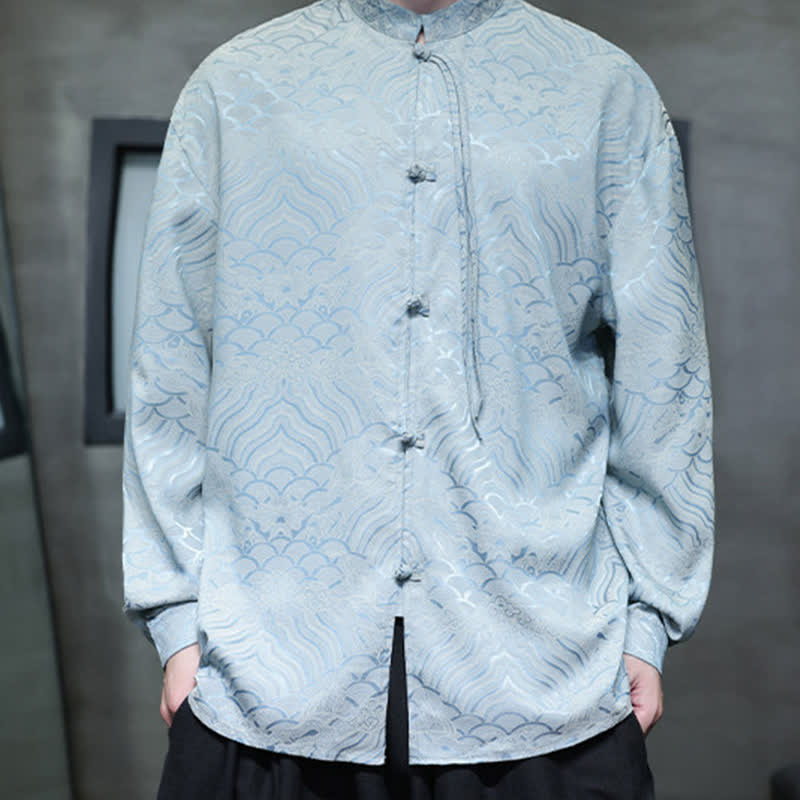 Buddha Stones Camisas de manga larga para hombre estilo Tang vintage de otoño con cuello mandarín y estampado abstracto de ondas. - image 34