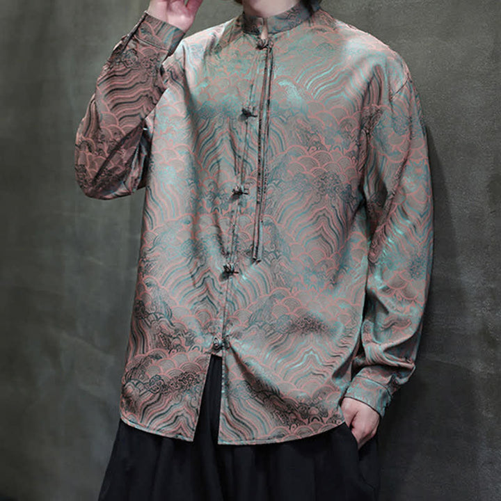 Buddha Stones Camisas de manga larga para hombre estilo Tang vintage de otoño con cuello mandarín y estampado abstracto de ondas. - image 2