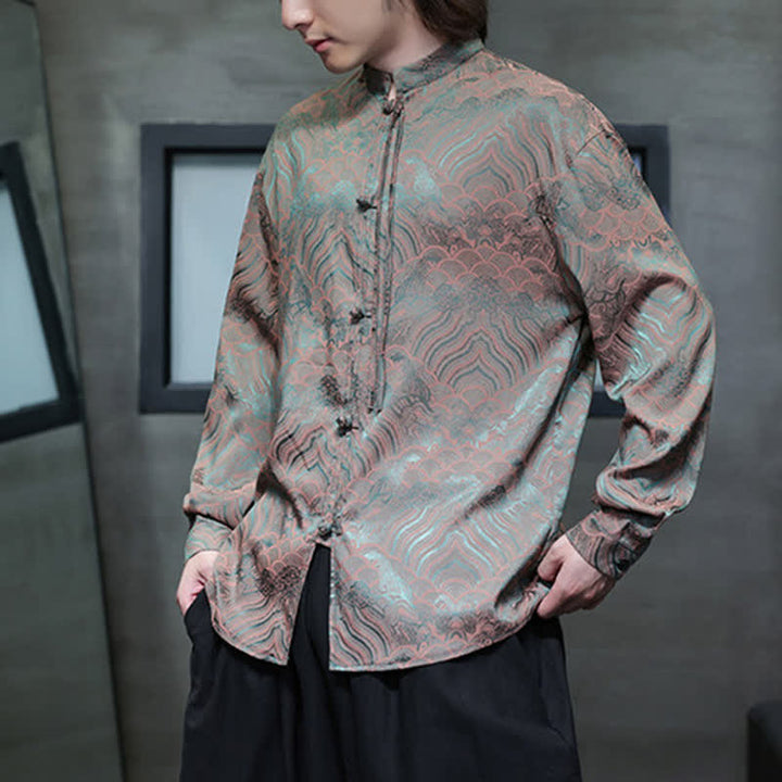 Buddha Stones Camisas de manga larga para hombre estilo Tang vintage de otoño con cuello mandarín y estampado abstracto de ondas. - image 5