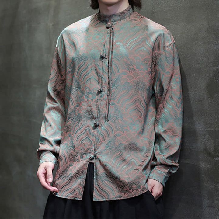 Buddha Stones Camisas de manga larga para hombre estilo Tang vintage de otoño con cuello mandarín y estampado abstracto de ondas. - image 3