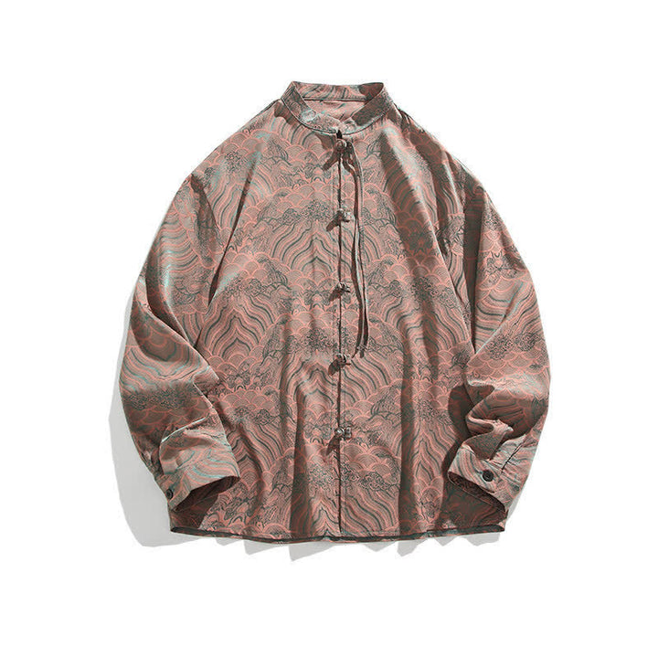 Buddha Stones Camisas de manga larga para hombre estilo Tang vintage de otoño con cuello mandarín y estampado abstracto de ondas. - image 15