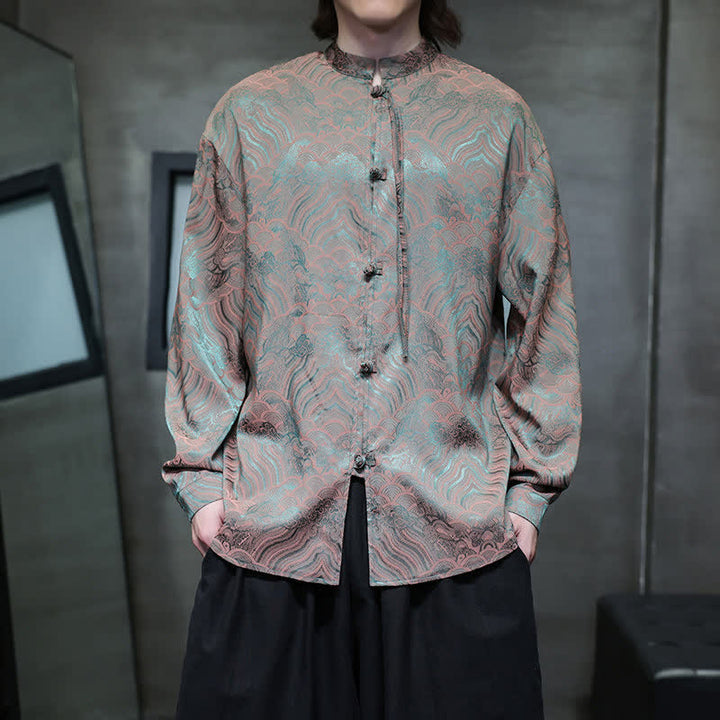 Buddha Stones Camisas de manga larga para hombre estilo Tang vintage de otoño con cuello mandarín y estampado abstracto de ondas. - image 7