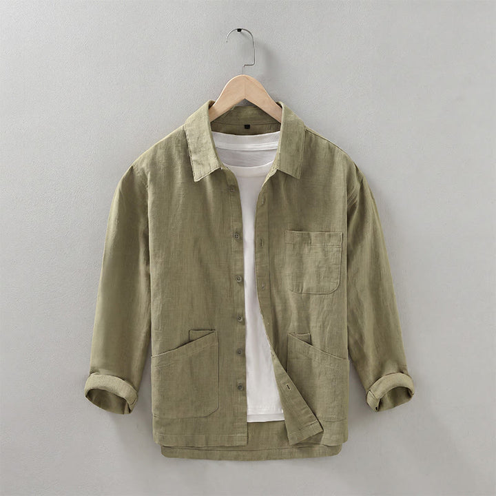 Buddha Stones Chaqueta informal minimalista de ramio liso para hombre, con botones y bolsillos, ideal para otoño. - Caqui oscuro - US/UK/AU42, EU52 (3XL) - image 19
