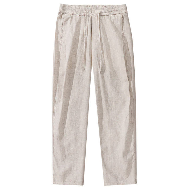 Buddha Stones Pantalones largos de lino lisos con cordón ajustable para hombre, estilo casual de primavera/verano, de pierna recta y con bolsillos. - image 2