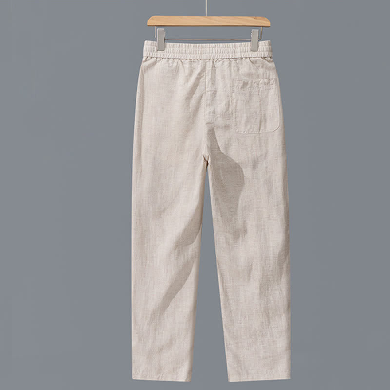 Buddha Stones Pantalones largos de lino lisos con cordón ajustable para hombre, estilo casual de primavera/verano, de pierna recta y con bolsillos. - image 1