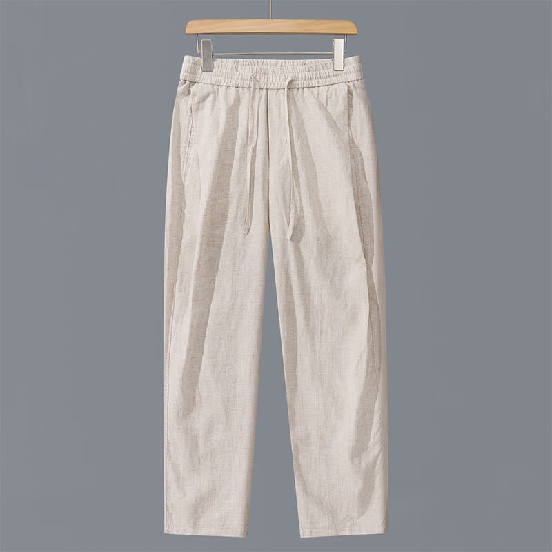 Buddha Stones Pantalones largos de lino lisos con cordón ajustable para hombre, estilo casual de primavera/verano, de pierna recta y con bolsillos. - Lino - US/UK/AU42, EU52 (3XL) - image 0