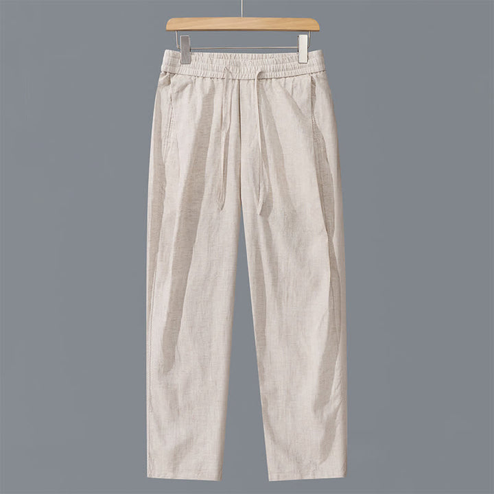 Buddha Stones Pantalones largos de lino lisos con cordón ajustable para hombre, estilo casual de primavera/verano, de pierna recta y con bolsillos. - Lino - US/UK/AU42, EU52 (3XL) - image 0