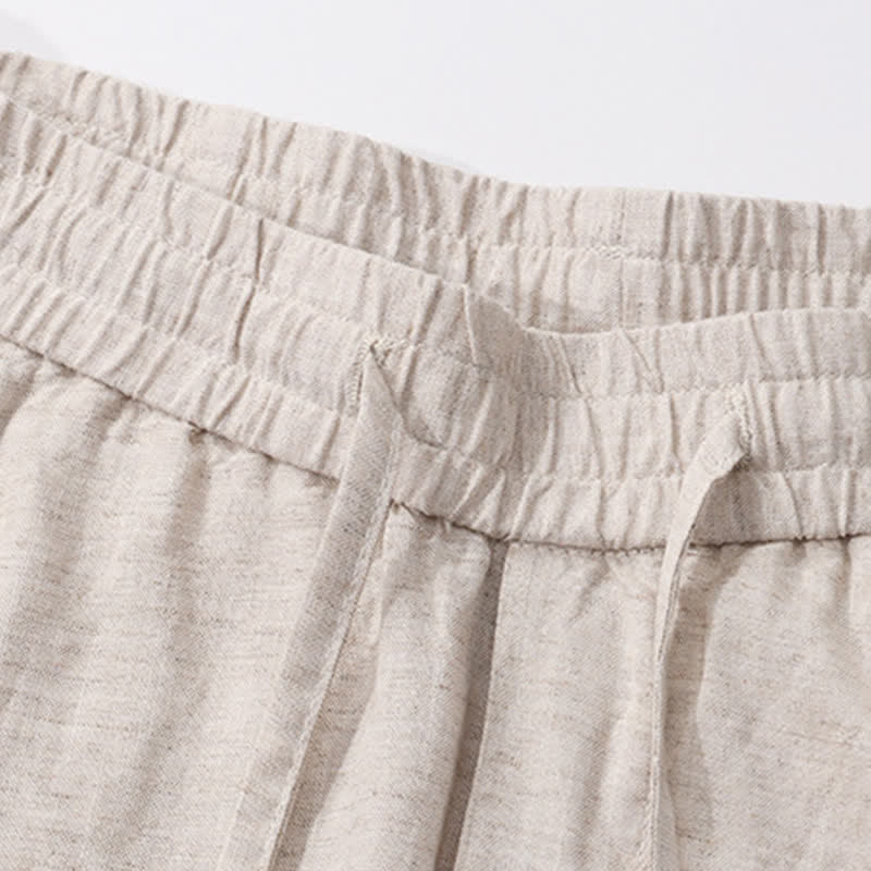 Buddha Stones Pantalones largos de lino lisos con cordón ajustable para hombre, estilo casual de primavera/verano, de pierna recta y con bolsillos. - image 3