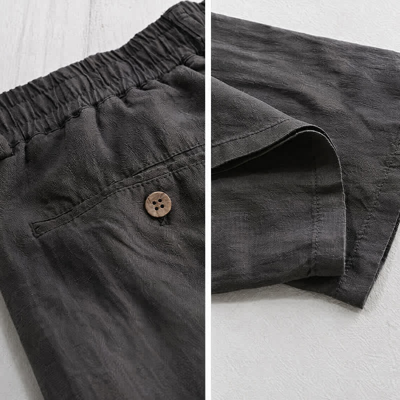 Buddha Stones Pantalones largos de lino liso para hombre, estilo casual de primavera-verano, con cordón ajustable y cremallera, pierna recta y bolsillos. - image 5
