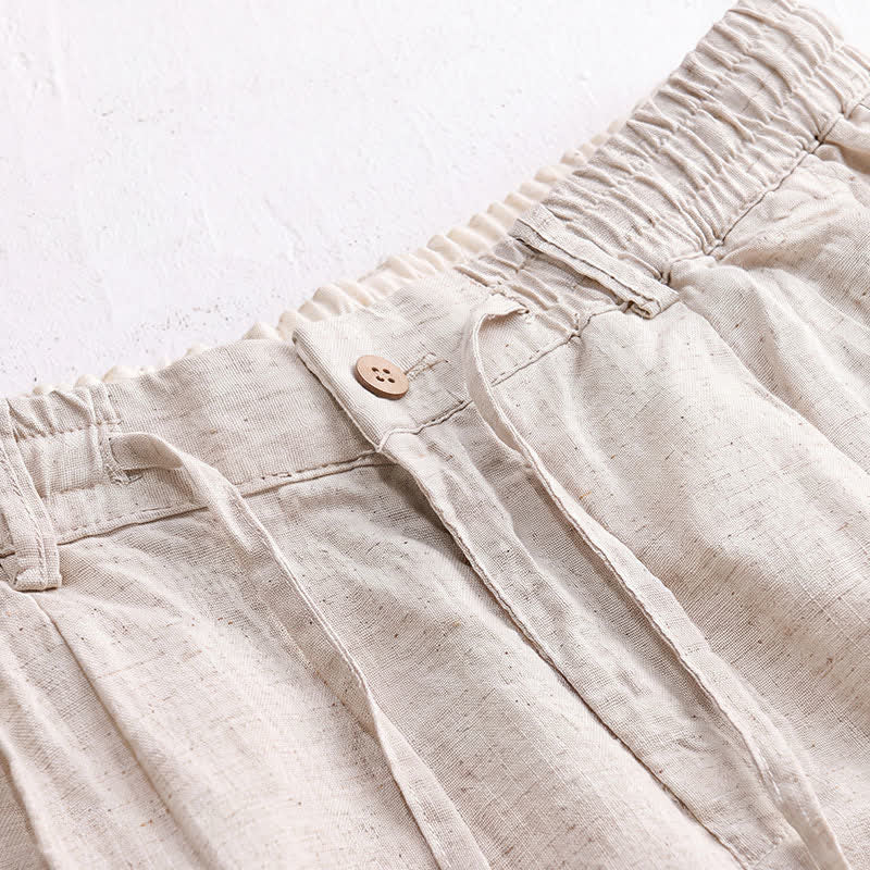 Buddha Stones Pantalones largos de lino liso para hombre, estilo casual de primavera-verano, con cordón ajustable y cremallera, pierna recta y bolsillos. - image 1