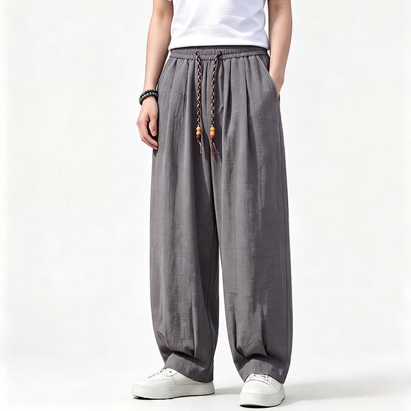 Buddha Stones Pantalones largos de hombre de corte recto con cintura elástica y cordón ajustable, estilo casual de primavera/verano, color liso. - Gris oscuro - US/UK/AU46, EU56 (5XL) - image 0