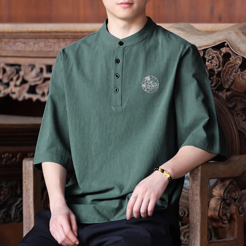 Buddha Stones Camisas de manga corta para hombre, estilo Tang casual de verano, con cuello mandarín y color liso. - image 7