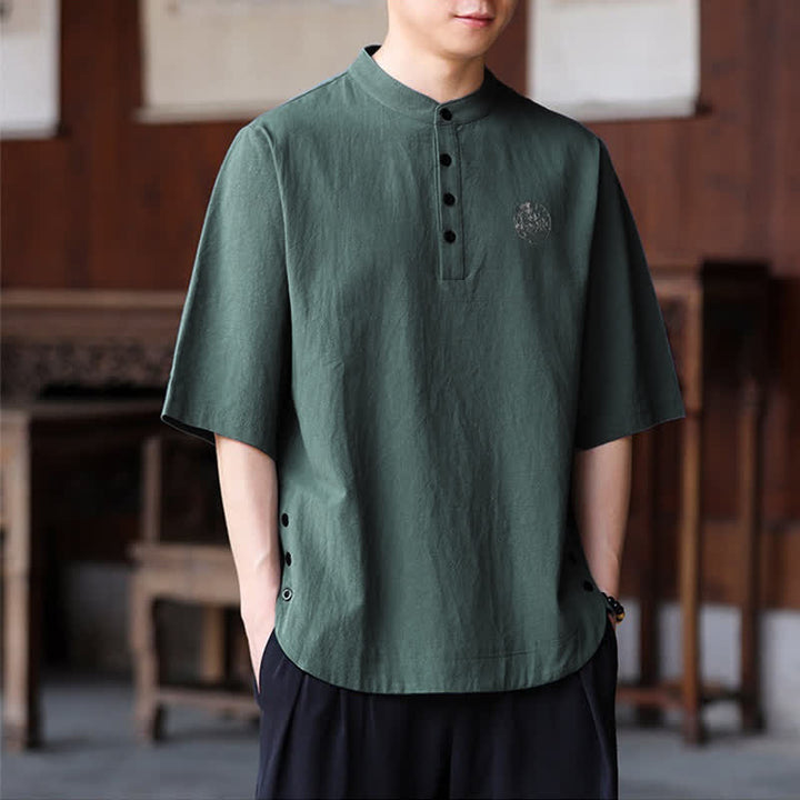Buddha Stones Camisas de manga corta para hombre, estilo Tang casual de verano, con cuello mandarín y color liso. - image 1