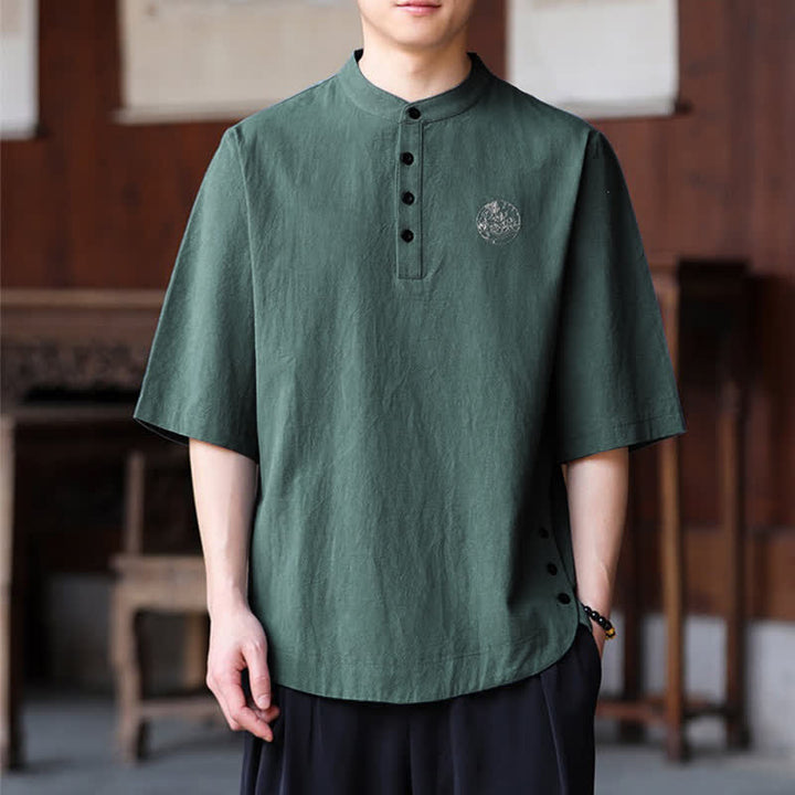 Buddha Stones Camisas de manga corta para hombre, estilo Tang casual de verano, con cuello mandarín y color liso. - Verdemar - US/UK/AU46, EU56 (5XL) - image 0