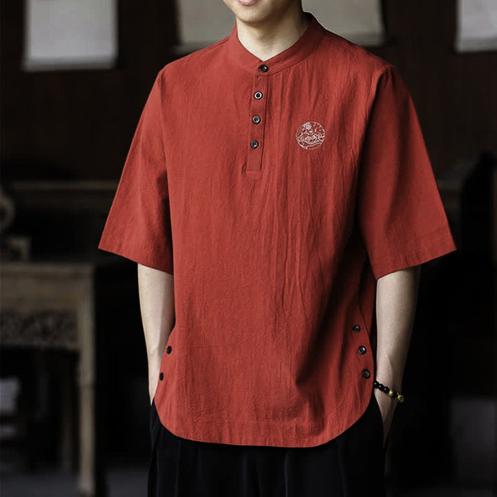 Buddha Stones Camisas de manga corta para hombre, estilo Tang casual de verano, con cuello mandarín y color liso. - image 15