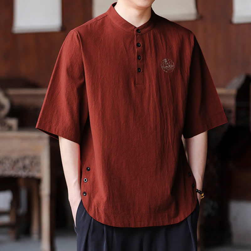 Buddha Stones Camisas de manga corta para hombre, estilo Tang casual de verano, con cuello mandarín y color liso. - image 17