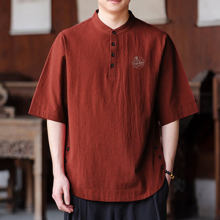 Buddha Stones Camisas de manga corta para hombre, estilo Tang casual de verano, con cuello mandarín y color liso. - Rojo indio - US/UK/AU46, EU56 (5XL) - image 11
