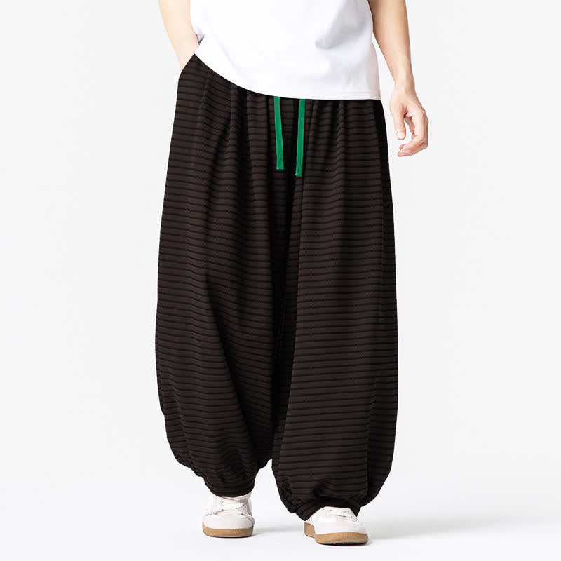 Buddha Stones Pantalones tobilleros de corte recto para hombre, estilo casual de otoño, minimalistas, con cordón ajustable y diseño a rayas. - image 1