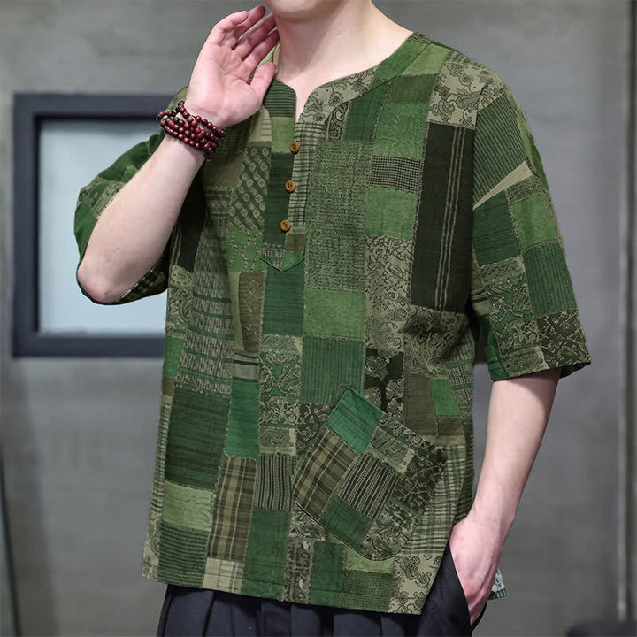 Buddha Stones Camisas de manga corta para hombre con diseño de patchwork a cuadros, estilo bohemio informal de verano y bolsillo de parche. - image 1