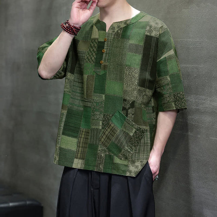 Buddha Stones Camisas de manga corta para hombre con diseño de patchwork a cuadros, estilo bohemio informal de verano y bolsillo de parche. - image 8