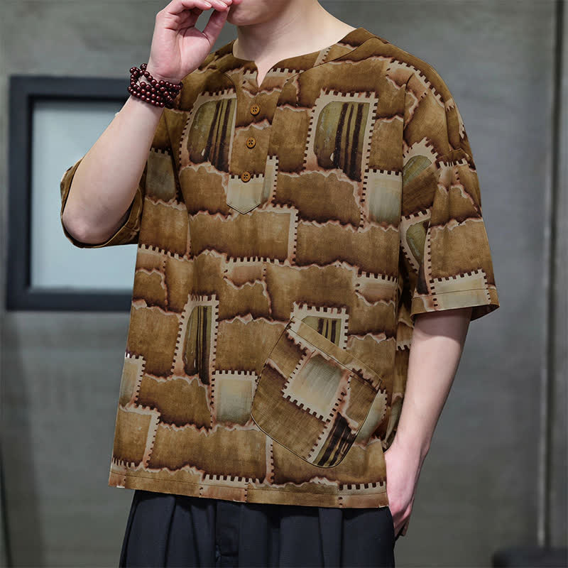 Buddha Stones Camisas de manga corta para hombre con diseño de patchwork a cuadros, estilo bohemio informal de verano y bolsillo de parche. - image 15