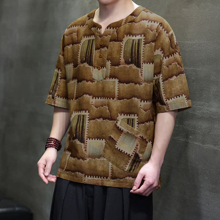 Buddha Stones Camisas de manga corta para hombre con diseño de patchwork a cuadros, estilo bohemio informal de verano y bolsillo de parche. - image 17