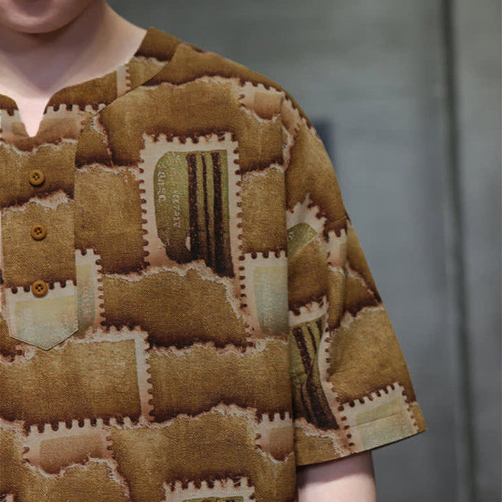 Buddha Stones Camisas de manga corta para hombre con diseño de patchwork a cuadros, estilo bohemio informal de verano y bolsillo de parche. - image 19
