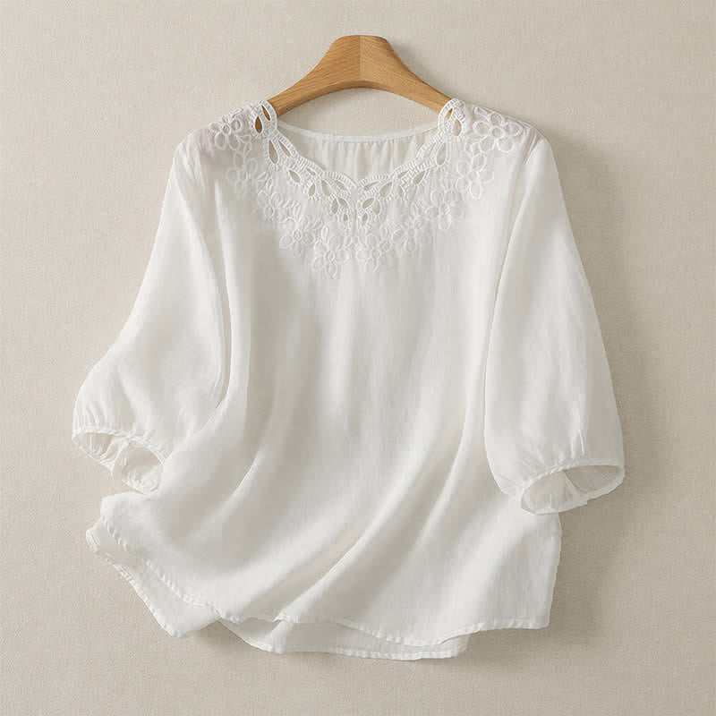 Buddha Stones Camiseta de manga tres cuartos para mujer, estilo casual vintage, con cuello redondo y bordado, para primavera/verano. - Blanco - US12, UK/AU16, EU44 (2XL) - image 15
