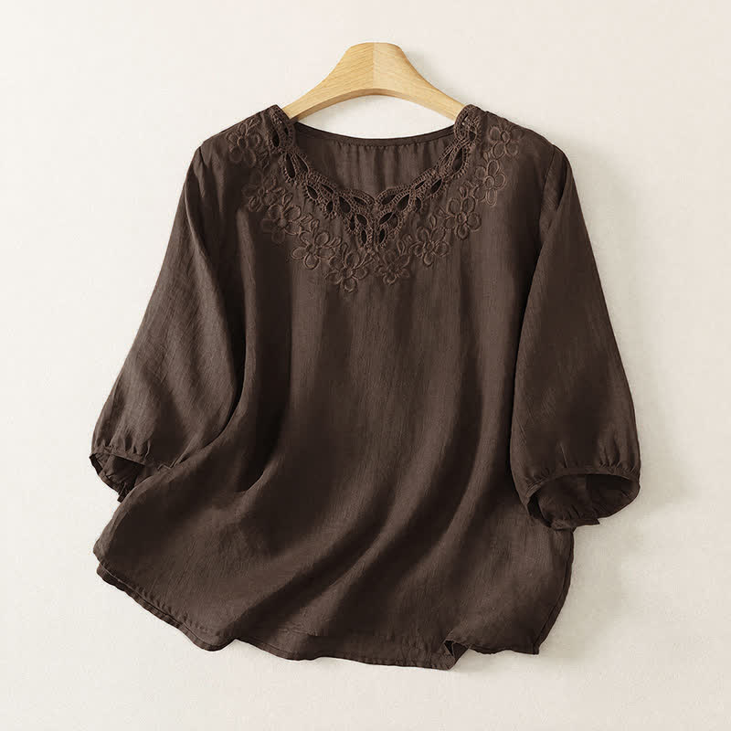 Buddha Stones Camiseta de manga tres cuartos para mujer, estilo casual vintage, con cuello redondo y bordado, para primavera/verano. - Marrón silla de montar - US12, UK/AU16, EU44 (2XL) - image 0