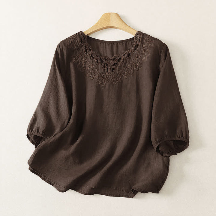 Buddha Stones Camiseta de manga tres cuartos para mujer, estilo casual vintage, con cuello redondo y bordado, para primavera/verano. - Marrón silla de montar - US12, UK/AU16, EU44 (2XL) - image 0