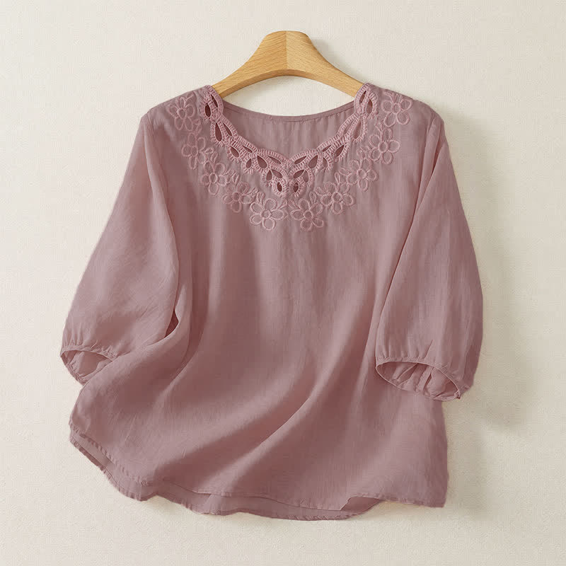 Buddha Stones Camiseta de manga tres cuartos para mujer, estilo casual vintage, con cuello redondo y bordado, para primavera/verano. - Rosa - US12, UK/AU16, EU44 (2XL) - image 10